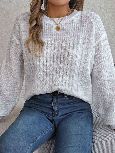 Cable-Knit Round Neck Long Sleeve Sweater