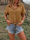 Drawstring Button Up Short Sleeve Blouse