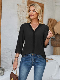 Lace Detail V-Neck Three-Quarter Sleeve Blouse