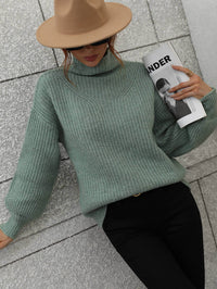 High Neck Balloon Sleeve Rib-Knit Pullover Sweater