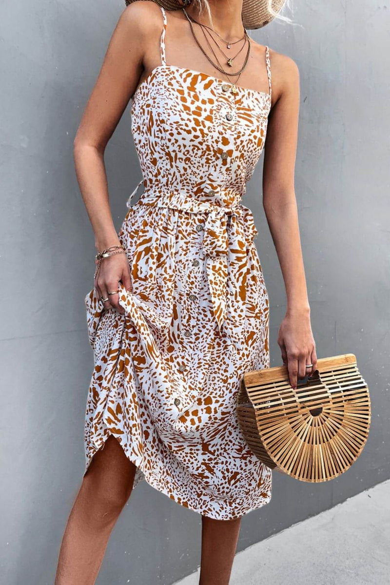 Printed Spaghetti Strap Decorative Button Belted Dress