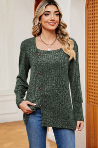 Decorative Button Square Neck T-Shirt