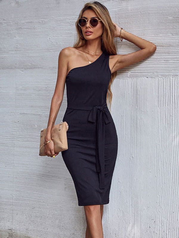 Solid color shoulder bag hip skirt European and American skinny knee-length dress