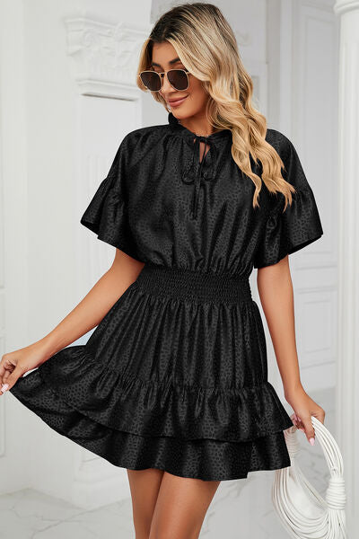 Smocked Tie Neck Flounce Sleeve Dress