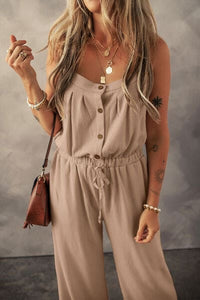 Waffle-Knit Drawstring Wide Strap Jumpsuit