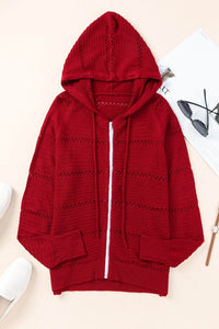 Zip-Up Raglan Sleeve Openwork Hooded Cardigan