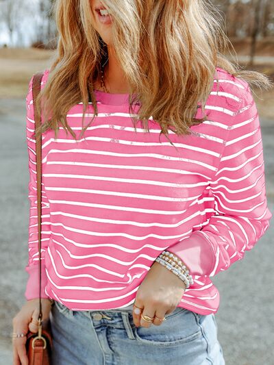 Striped Round Neck Long Sleeve Sweatshirt