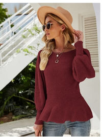 （No）Ribbed Round Neck Lantern Sleeve Sweater