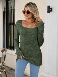 Square Neck Ribbed Long Sleeve T-Shirt