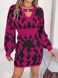 Contrast Round Neck Cutout Long Sleeve Mini Sweater Dress