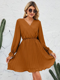 Surplice Flounce Sleeve Pleated Mini Dress