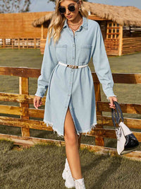 Button Up Collared Neck Raw Hem Denim Dress