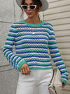 Striped Openwork Long-Sleeve Knit Pullover