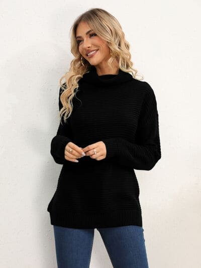 Slit Turtleneck Dropped Shoulder Sweater