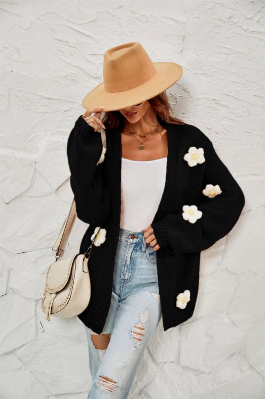 New long-sleeved floral cardigan lantern sleeves knitted sweater jacket