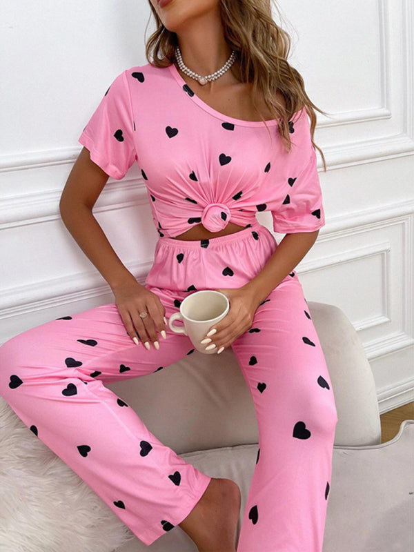 Women's heart print short-sleeved casual pajama sets