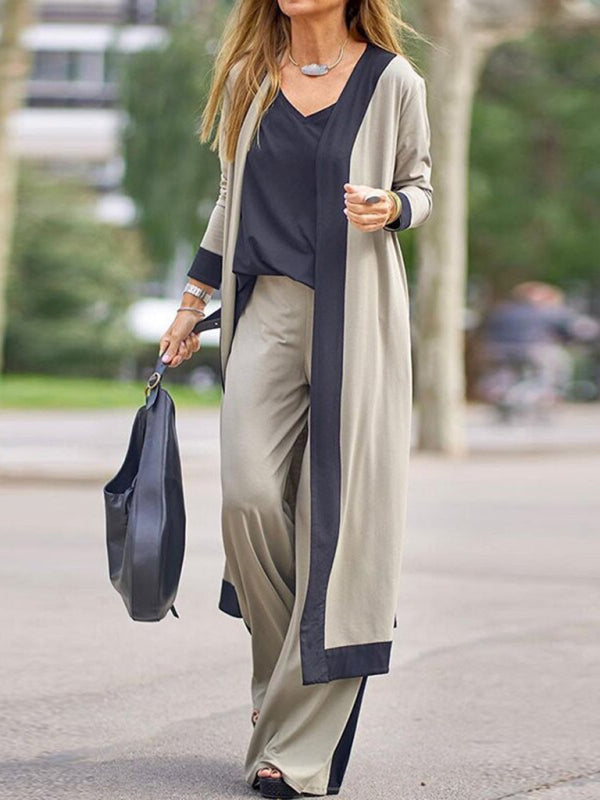 Women's Casual Contrasting Color Sleeveless Vest + Long Sleeve Cardigan Jacket + Trousers Three Sets