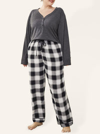 Plus size women's V-neck long-sleeved T-shirt plaid trousers home pajamas set