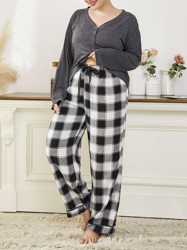 Plus size women's V-neck long-sleeved T-shirt plaid trousers home pajamas set