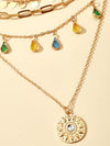 New geometric disc alloy buckle rhinestone tassel concave-convex disc pendant 4-layer necklace