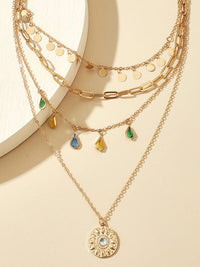 New geometric disc alloy buckle rhinestone tassel concave-convex disc pendant 4-layer necklace