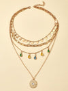 New geometric disc alloy buckle rhinestone tassel concave-convex disc pendant 4-layer necklace