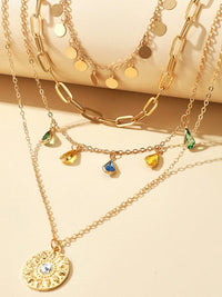 New geometric disc alloy buckle rhinestone tassel concave-convex disc pendant 4-layer necklace