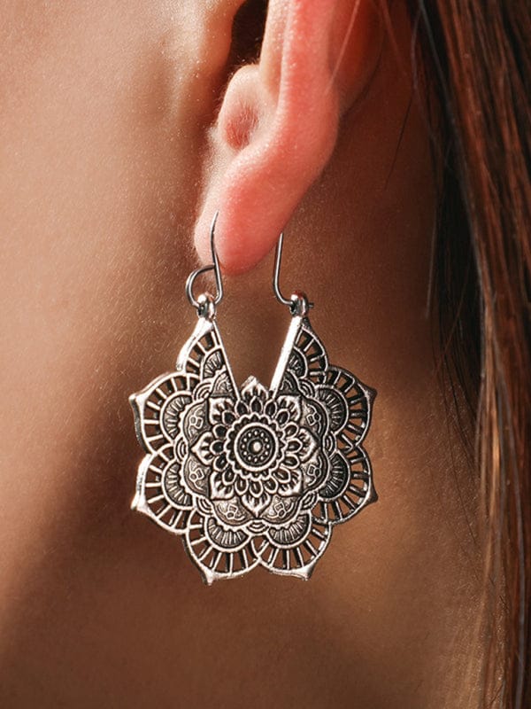 Vintage Ethnic Metal Cutout Floral Flower Earrings Bohemian Carved Earrings