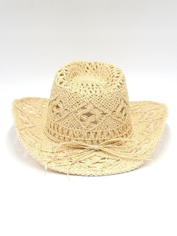 New hollow cowboy hat, hand-knitted straw hat, jazz hat with raised brim