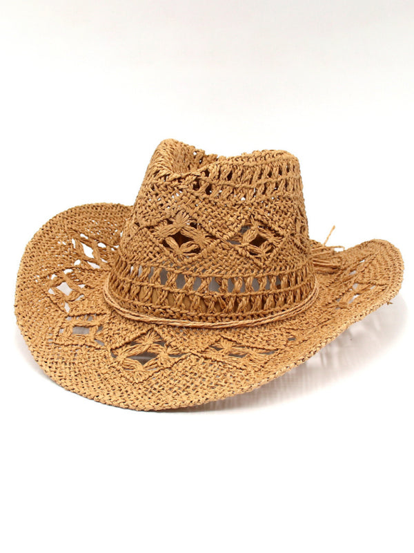 New hollow cowboy hat, hand-knitted straw hat, jazz hat with raised brim