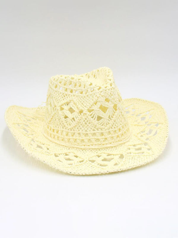 New hollow cowboy hat, hand-knitted straw hat, jazz hat with raised brim