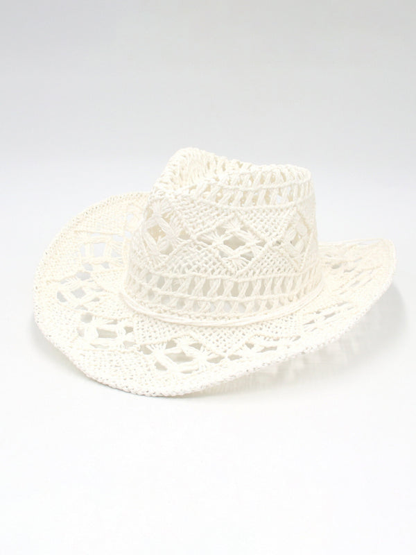 New hollow cowboy hat, hand-knitted straw hat, jazz hat with raised brim