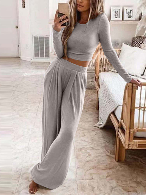 Women's Solid Color Knitted Casual Home Two-Piece Suit