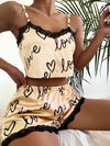 Cute Love Print Pajamas Homewear Fashion Lace Stitching Suspender Set