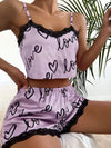 Cute Love Print Pajamas Homewear Fashion Lace Stitching Suspender Set