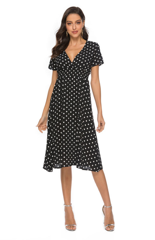 Polka Dot Print V-Neck Short Sleeve Dress