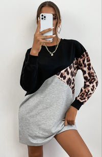 Ladies Patchwork Crew Neck Long T-Shirt Leopard Print Sweater Dress