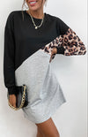 Ladies Patchwork Crew Neck Long T-Shirt Leopard Print Sweater Dress