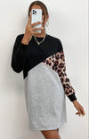 Ladies Patchwork Crew Neck Long T-Shirt Leopard Print Sweater Dress