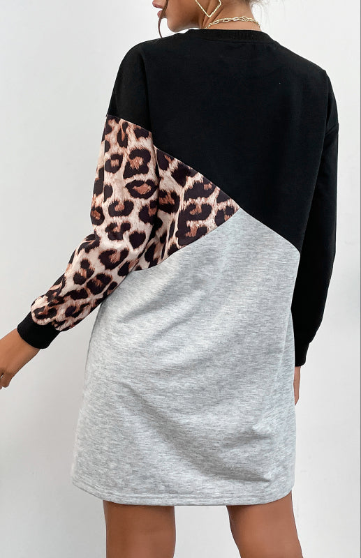 Ladies Patchwork Crew Neck Long T-Shirt Leopard Print Sweater Dress