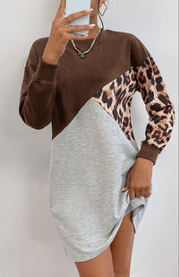 Ladies Patchwork Crew Neck Long T-Shirt Leopard Print Sweater Dress