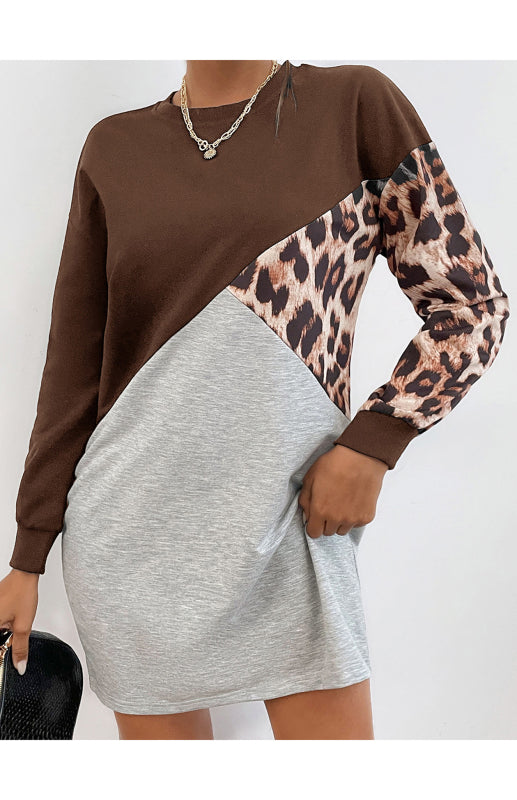 Ladies Patchwork Crew Neck Long T-Shirt Leopard Print Sweater Dress