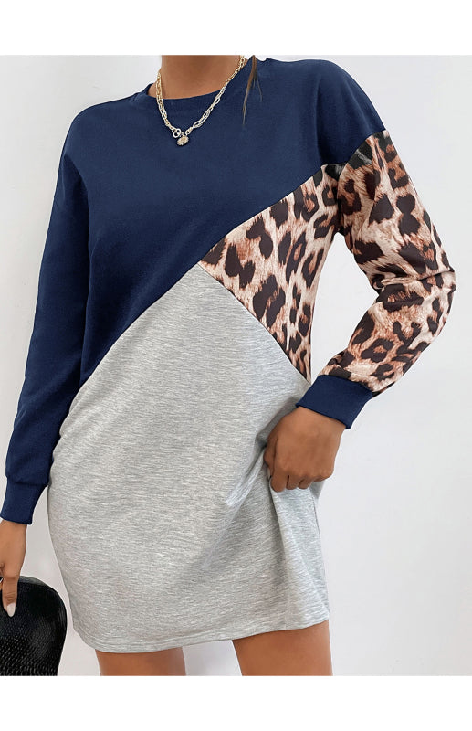 Ladies Patchwork Crew Neck Long T-Shirt Leopard Print Sweater Dress