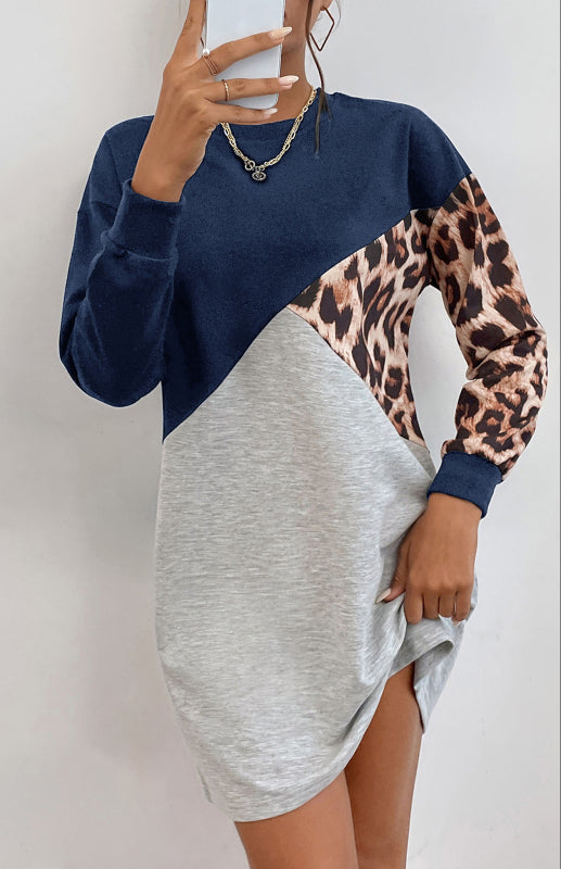 Ladies Patchwork Crew Neck Long T-Shirt Leopard Print Sweater Dress