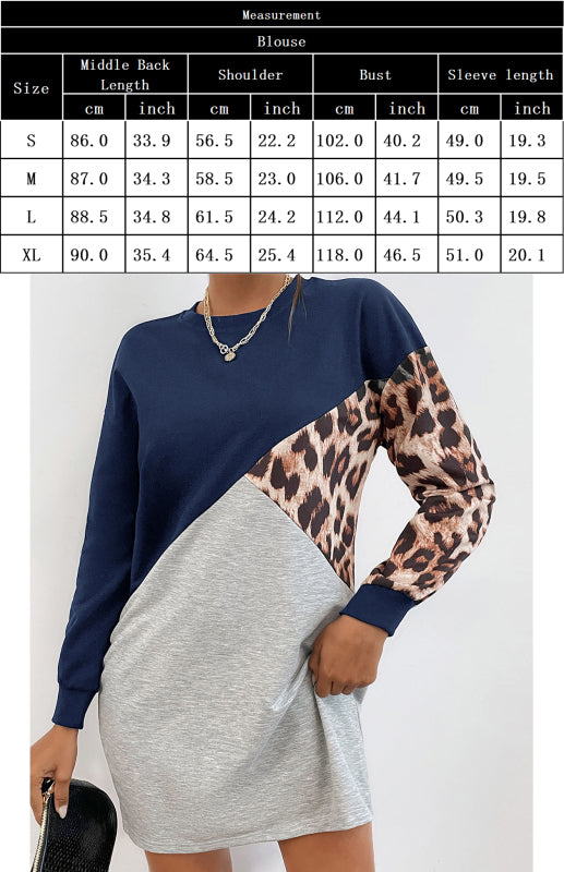 Ladies Patchwork Crew Neck Long T-Shirt Leopard Print Sweater Dress