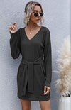 Ladies Long Sleeve Solid Color V-Neck Knit Sweater Dress