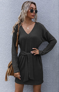 Ladies Long Sleeve Solid Color V-Neck Knit Sweater Dress