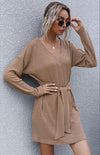 Ladies Long Sleeve Solid Color V-Neck Knit Sweater Dress