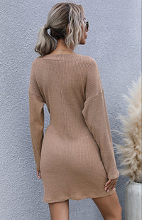 Ladies Long Sleeve Solid Color V-Neck Knit Sweater Dress