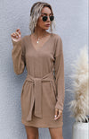 Ladies Long Sleeve Solid Color V-Neck Knit Sweater Dress